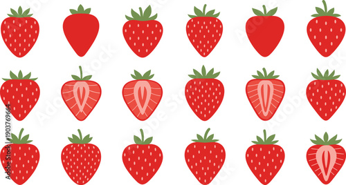 Flat Strawberry Vector Icon Set with Whole and Sliced Red Berries for Fresh Fruit Illustrations, Food Packaging, and Healthy Design Projects.