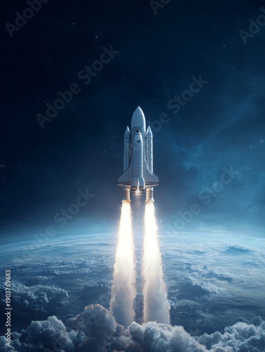 Night launch illuminates dark sky. Shuttle ascends through clouds into space