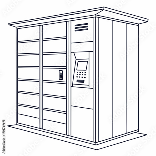 A large outdoor parcel locker system with multiple compartments and a touchscreen interface.