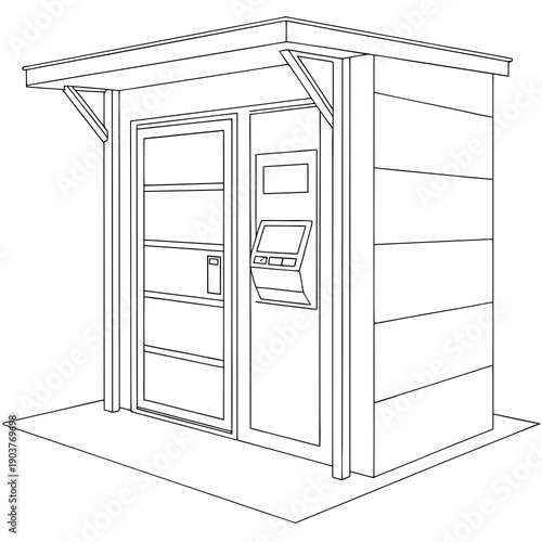 A detailed illustration of an atm machine housed in a small, secure booth.
