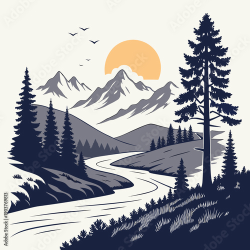 A serene mountain landscape with a winding river and dense forest under a setting sun