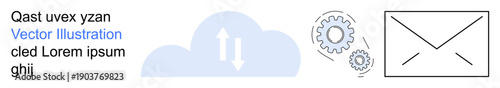 Cloud computing, data synchronization, technology innovation, email systems, workflow automation, digital communication. cloud, arrows gears and envelope. Cloud computing and data synchronization