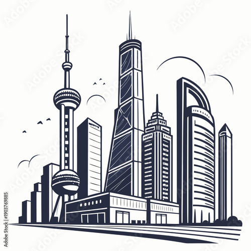 Skyline of modern city with tall buildings and a river