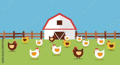 A cartoon illustration of a white barn with a red roof, surrounded by a wooden fence and numerous chickens roaming freely in a green field under a clear blue sky.