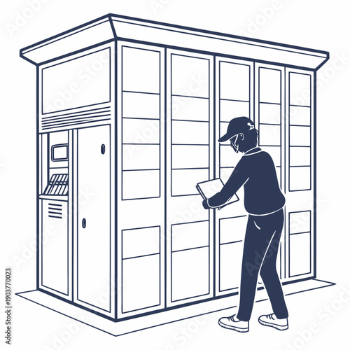 A person in a blue shirt and black pants is accessing a storage unit.