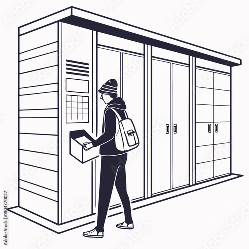 Woman standing in front of a row of mailboxes holding a package