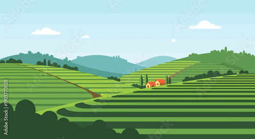 Vibrant illustration of a rural landscape with terraced green hills and a charming farmhouse nestled in a valley under a clear sky.