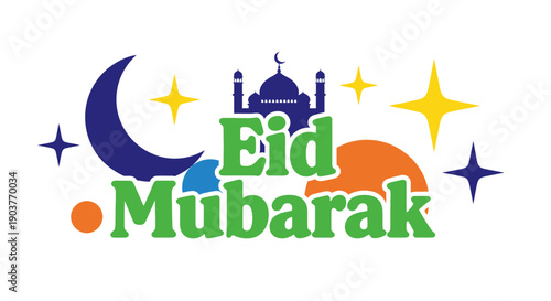 Colorful Eid Mubarak greeting with mosque, crescent moon, and sparkling stars on a white background.