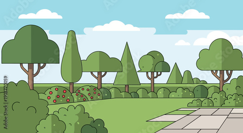 A vibrant cartoon illustration depicting a beautiful garden or park scene with various trees, green bushes, a lush lawn, and a paved area under a blue sky.