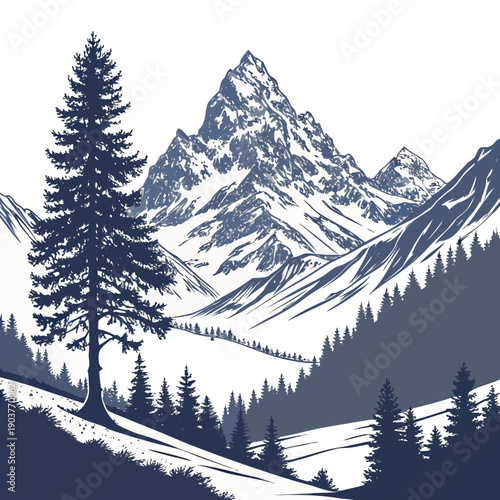Majestic snow covered mountains with evergreen trees in a serene winter landscape