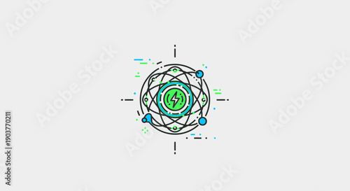 Dynamic Atom Energy Power Icon with Lightning Bolt and Orbital Elements Vector Graphic