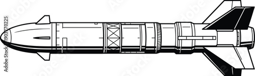 Detailed missile rocket technical line drawing side view military aerospace weapon illustration isolated engineering schematic vector black outline design graphic