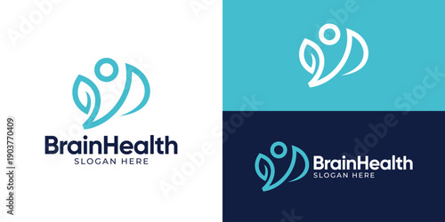 Creative simple brain health logo template. Abstract brain leaf with people human person for mental health logo design vector illustration.