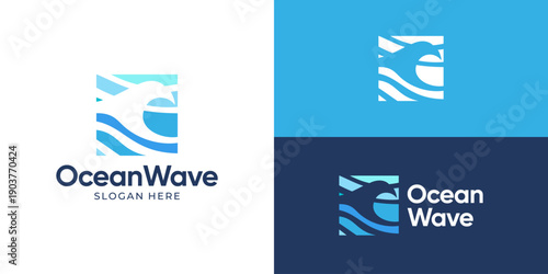 Creative simple ocean wave logo template. Abstract ocean, water seascape logo design vector illustration.