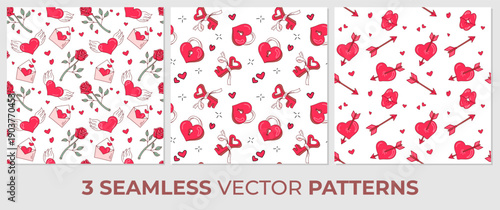 3 Seamless Valentine Vector Patterns. Hand Drawn Love Heart Romantic Background Set