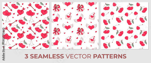 3 Seamless Valentine Vector Patterns. Hand Drawn Love Heart Romantic Background Set