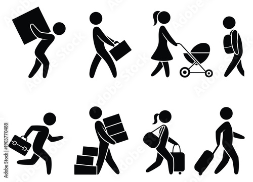 Stick figure illustration showing figures carrying various items and moving around, vector design