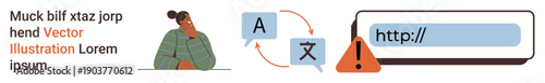 Language learning, translation services, website errors, communication issues, internet understanding, multilingual tools. A person and a visual of translation flow with an error warning. Language