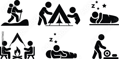 Camping icons, hiking silhouette, tent setup, outdoor sleeping, campfire gathering, backpacking, adventure travel, wilderness exploration, camping gear, outdoor lifestyle, nature