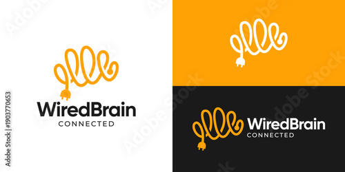 Creative simple wired brain logo template. Abstract brain with cable wire plug symbol, Brain electric logo design vector illustration.