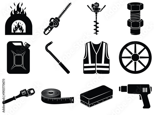 Industrial Equipment and Tools Icons Set Keywords: industrial, equipment, tools, icons, set
