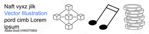 Blockchain, financial technology, music industry, digital currencies, media innovation, financial transactions. Outline icons of blockchain network, music note and stacked coins. Blockchain