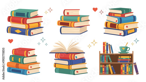 Colorful stacked books and library scene with reading elements