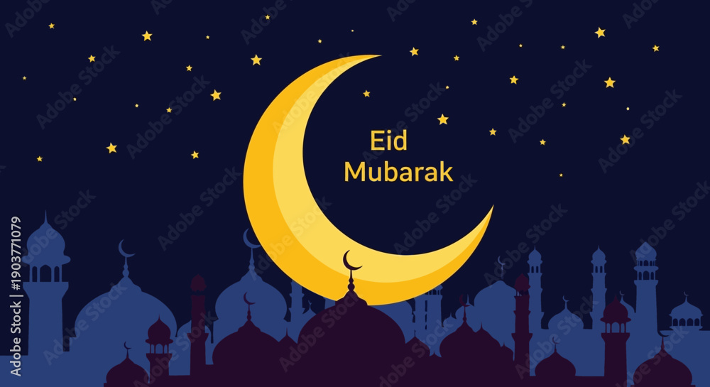 Naklejka premium Festive Eid Mubarak greeting featuring a golden crescent moon, twinkling stars, and mosque silhouettes under a dark night sky.