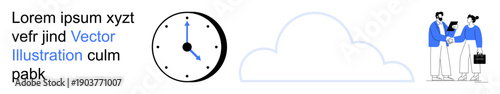 Business collaboration, time management, cloud storage, teamwork, productivity, deadlines. Clock, cloud and two people engaging. Business collaboration and time management concept