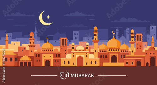 Stylized illustration of a vibrant Middle Eastern cityscape at night, featuring mosques, minarets, and a crescent moon, with an Eid Mubarak greeting.