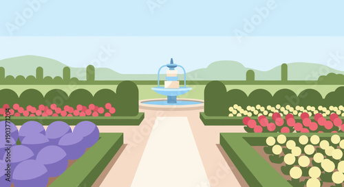 A serene illustration of a formal garden featuring a central tiered fountain, vibrant flower beds, and neatly trimmed hedges along a pathway.