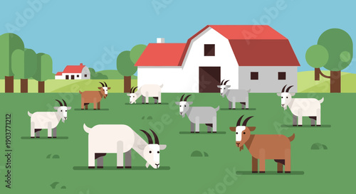 A group of diverse goats grazing peacefully in a vibrant green field with a classic red and white barn and farmhouse under a clear blue sky.