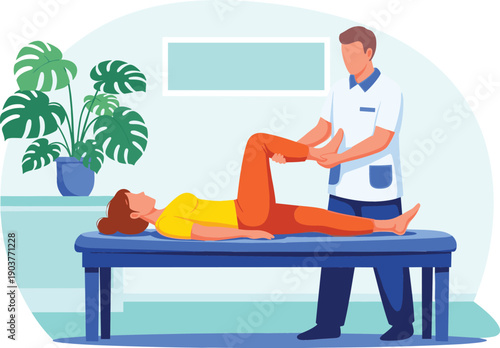 Male physiotherapist assisting female patient with leg stretching and joint mobility exercises in modern clinical rehabilitation room