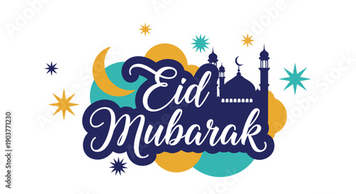 A vibrant graphic illustration celebrating Eid Mubarak with decorative text, a mosque silhouette, crescent moon, and stars on a white background.