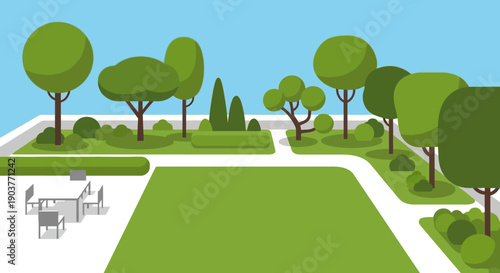 A vibrant flat illustration depicting a serene urban park with lush green lawns, diverse trees, paved walkways, and a modern outdoor dining area.