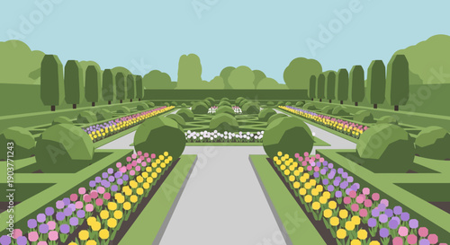 A beautifully manicured formal garden with colorful flower beds and neatly trimmed hedges, extending into the horizon under a clear sky.