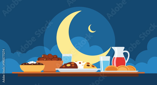 Traditional Iftar meal spread with dates, drinks, and various dishes under a serene crescent moonlit night sky.