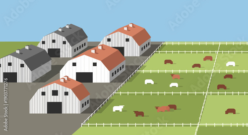 Five white barns with red and grey roofs stand beside a large green pasture where brown and white livestock graze in fenced sections.