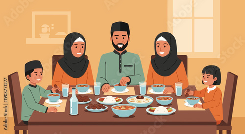 A happy Muslim family, including parents and children, shares a traditional meal together at their home.