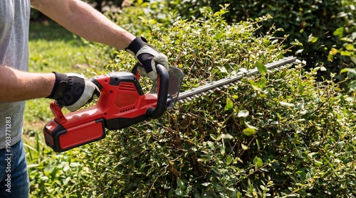 Man trimming garden hedge with electric cordless trimmer on a sunny day