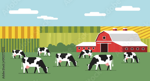 Flat design illustration of black and white cows grazing in a green pasture with a red barn and striped fields under a blue sky.