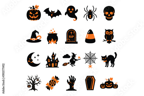 Halloween Icons Set with Pumpkins, Bats, and Spooky Symbols