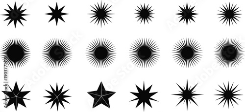 Set of black vector stars and sunbursts icons on white background, geometric shapes for design elements, sparkles and flashes collection, retro style.