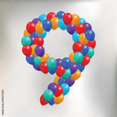 Number 9 from colorful balloons, for celebration, birthday