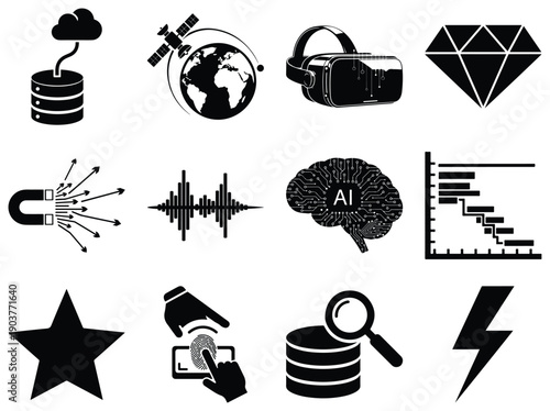 Technology and Science Icons Grid With Star Keywords: cloud, database, server, satellite, earth