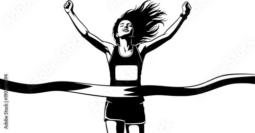 Woman runner crossing the finish line. Silhouette of athletic looking female runner running. Transparent background EPS version.
