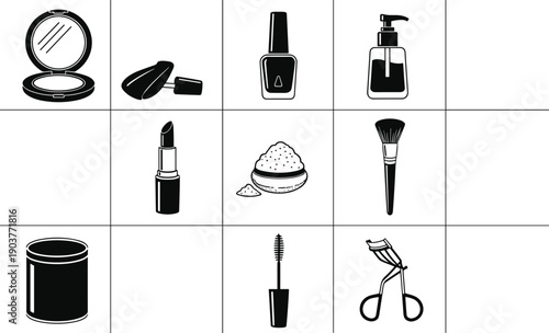Makeup cosmetic outline icon set, beauty tools and products collection, skincare accessories design, minimal black line vector isolated on white background