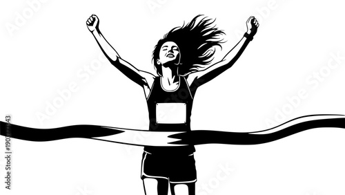 Woman runner crossing the finish line. Silhouette of athletic looking female runner running. Transparent background SVG version.