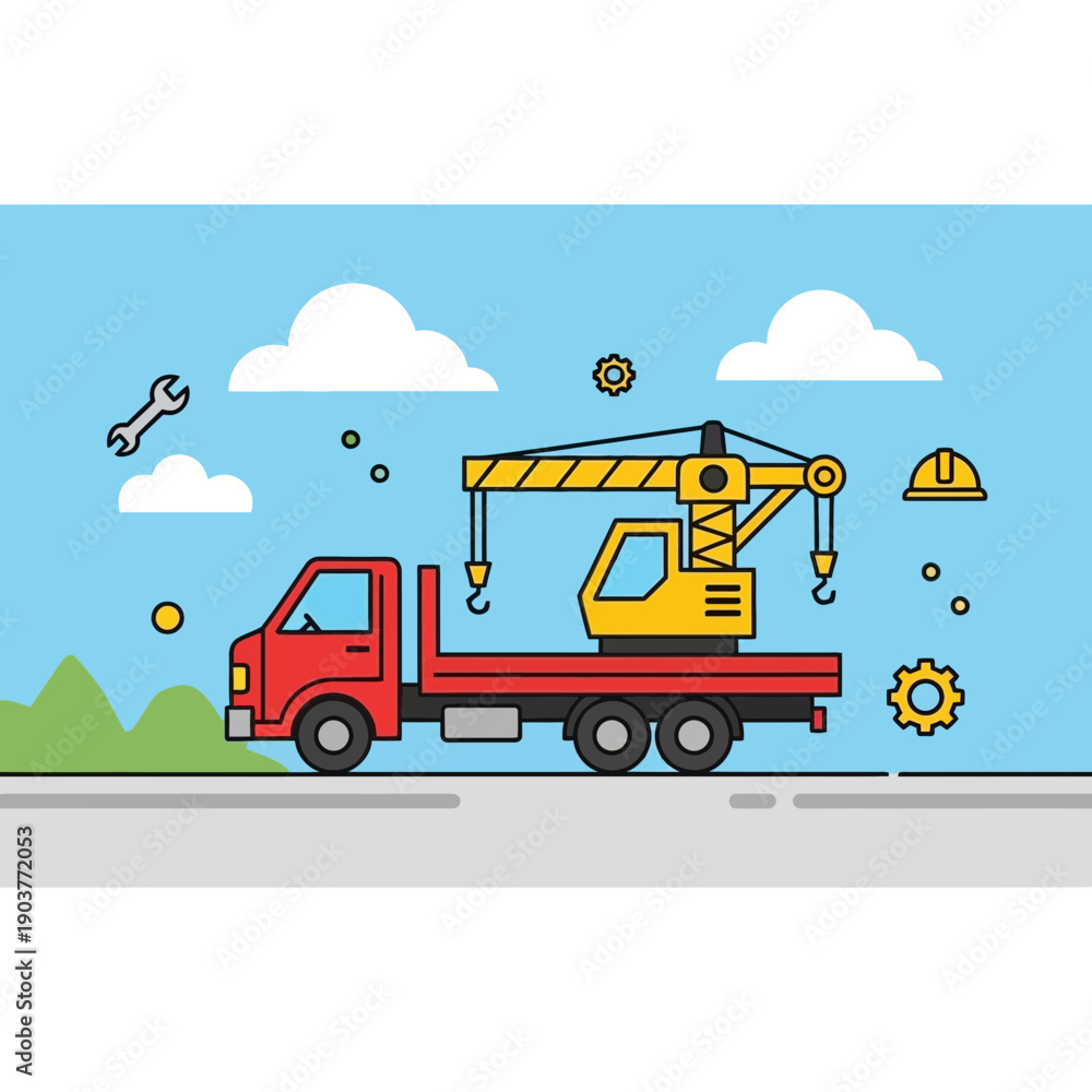 Fototapeta premium Flat Design Construction Crane Truck Vehicle On Road With Sky Background
