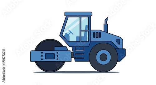 Flat Design Blue Road Roller Machine Icon Construction Equipment